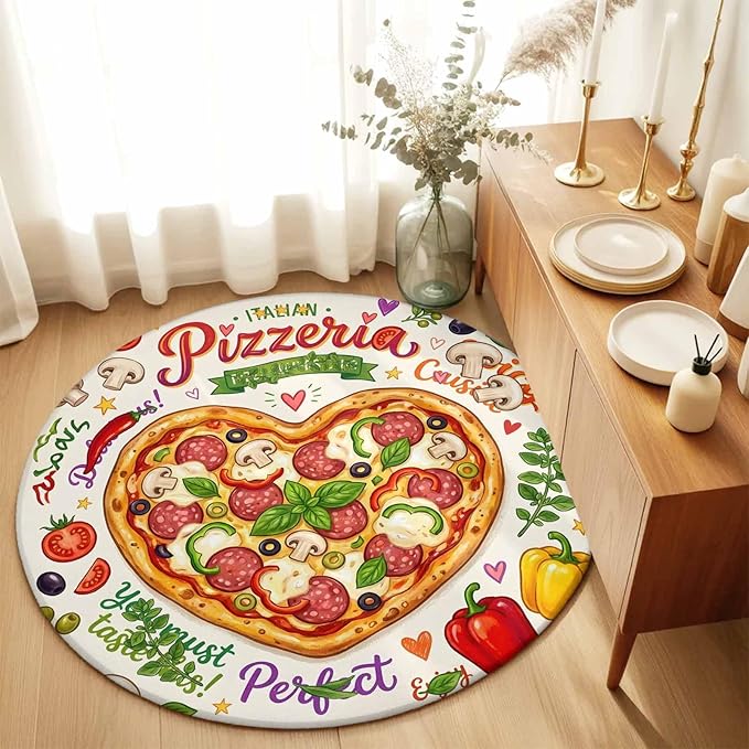 Washable Round Area Rug Cartoon Pizza Watercolor Graffiti Circle Rugs Floor Carpet for Living Room Bedroom, Farmhouse Vegetable Leaves Soft Non Slip Round Rug 3ft