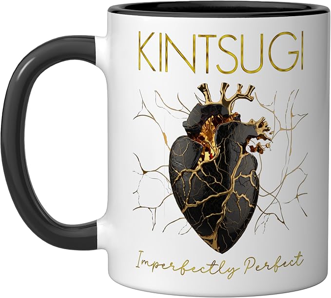 Kintsugi Pottery Golden Heart Japanese Art repair Pottery Ceramic Mug, Black/White