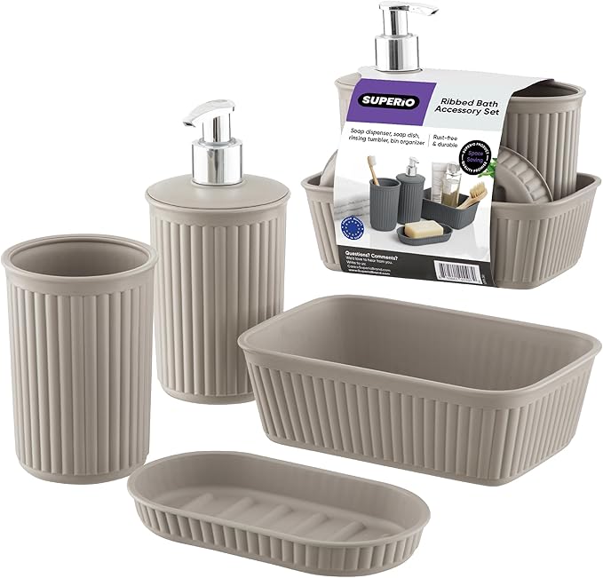 Decorative Plastic Bathroom Accessories Set, Taupe (Set of 4) Soap Dish, Liquid Dispenser, Toothbrush Holder Cup, Vanity Organizer Tray - Bath Accessory Countertop Decor Gift - Ribbed Design