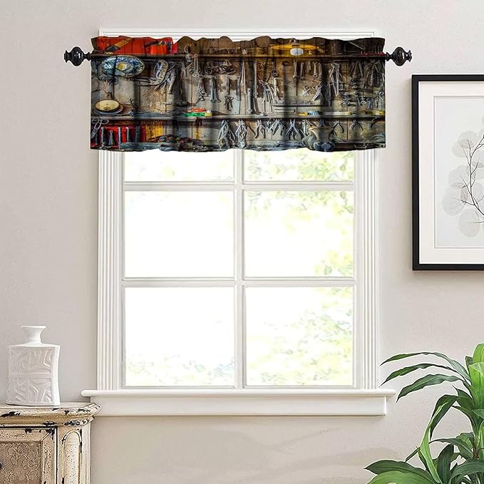 Man Cave Valance Curtain Vintage Style Tools Hanging on The Wall in a Tool Shed Workshop Fixing Equipment Rod Pocket Valance Window Treatments 1 Panel Short Curtains 54 x 18 in