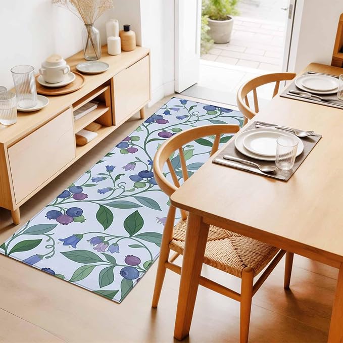 Runner Rug for Bedroom Hallway, Blueberries Bell Flowers Kitchen Runner Rugs Area Rug 2x6ft, Modern Watercolor Plants Washable Soft Floor Carpet for Entryway Stair