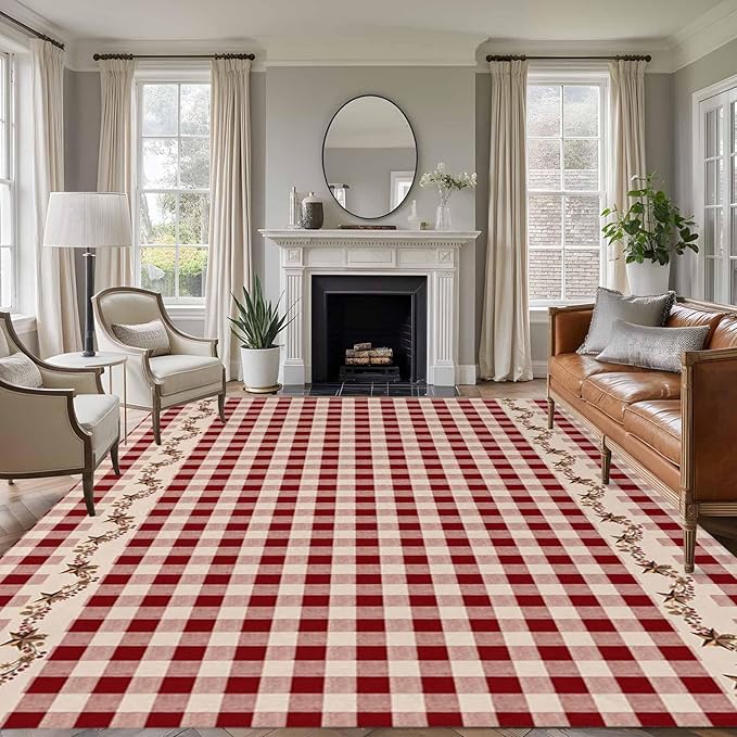 Area Rug 6x9ft, Vintage Red Buffalo Plaid Berry Washable Rugs for Living Room Bedroom, Farmhouse Western Star Soft Non-Slip Area Rugs Rectangle Floor Carpet for Dining Room