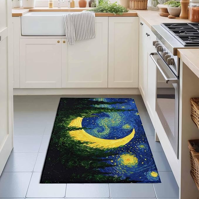 Area Rug 2x3ft, Giant Moon Forest Expressionist Art Washable Rugs for Living Room Bedroom, Dreamy Night Navy Blue Soft Non-Slip Area Rugs Rectangle Floor Carpet for Dining Room