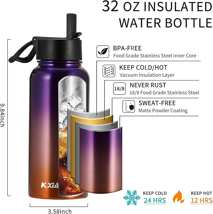 KXIAOCHEN Insulated Water Bottle, Stainless Steel Water Bottle, 2 Lids (Straw and Handle Lid),Wide Mouth Metal Water Bottles Keep Hot and Cold, Double Walled, Thermo Mug, Metal Canteen