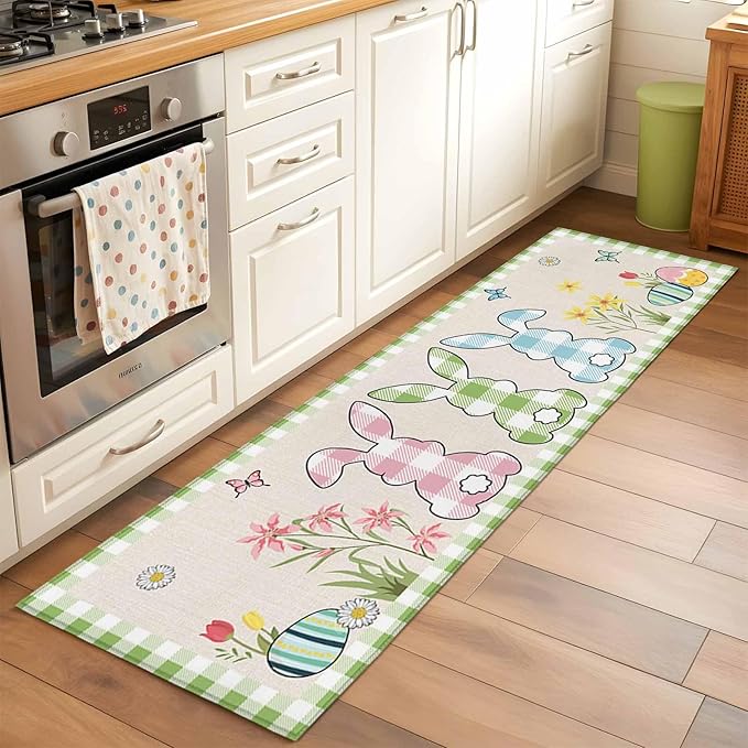 Runner Rug for Bedroom Hallway, Happy Easter Bunny Shadow Flowers Kitchen Runner Rugs Area Rug 2x6ft, Retro Linen Cotton and Grid Washable Soft Floor Carpet for Entryway Stair