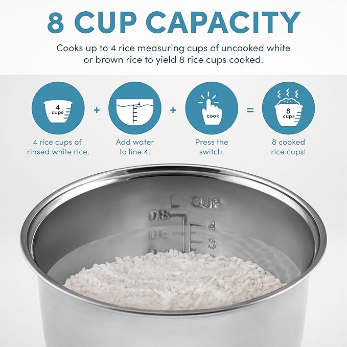 AROMA® Select Stainless® Rice Cooker, 4-Cup (Uncooked) / 8-Cup (Cooked), 2 Qt, Stainless Steel Inner Pot, Multicooker, Steamer, Stainless Steel, ARC-914SBDS