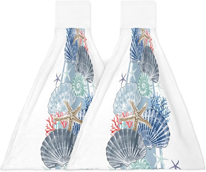 Alandar Home Kitchen Tie Towel Set of 2, Ocean Shells Starfish Coral Absorbent Soft Hand Towels for Bathroom Hanging Towels, Watercolor Marine Life Fast Drying Cleaning Cloth with Loop