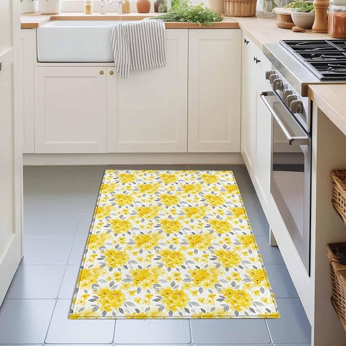 Area Rug 2x3ft, Summer Pastoral Yellow Flower Washable Rugs for Living Room Bedroom, Country Floral Leaf Theme Soft Non-Slip Area Rugs Rectangle Floor Carpet for Dining Room