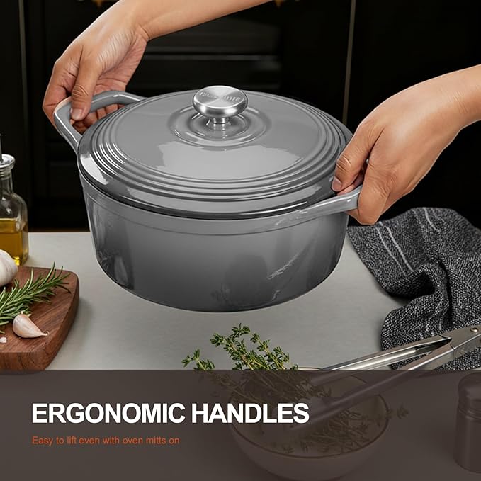 Overmont Enameled Cast Iron Dutch Oven - 5.5QT Pot with Wide Handles Lid Cookbook & Cotton Potholders - Heavy-Duty Pre-Seasoned Cookware Oven Safe to 500°F for Braising, Stews, Roasting, Sourdough Baking Grey