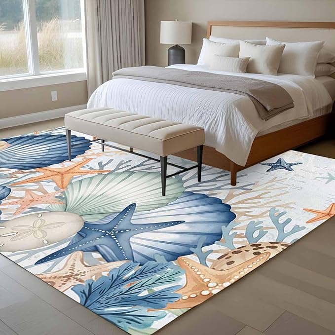 Area Rug 6x9ft, Underwater Shells Starfish on Blue Washable Rugs for Living Room Bedroom, Colorful Coral Soft Non-Slip Area Rugs Rectangle Floor Carpet for Dining Room