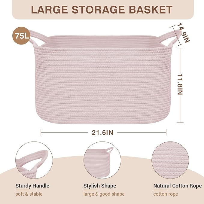 YOUDENOVA Nursery Storage Basket，21.6''×14.9''×11.8'' Rectangle Cotton Rope Blanket Basket, Nursery Laundry Hamper for Organizing，Large Toy Basket for Living Room, Bedroom Pink