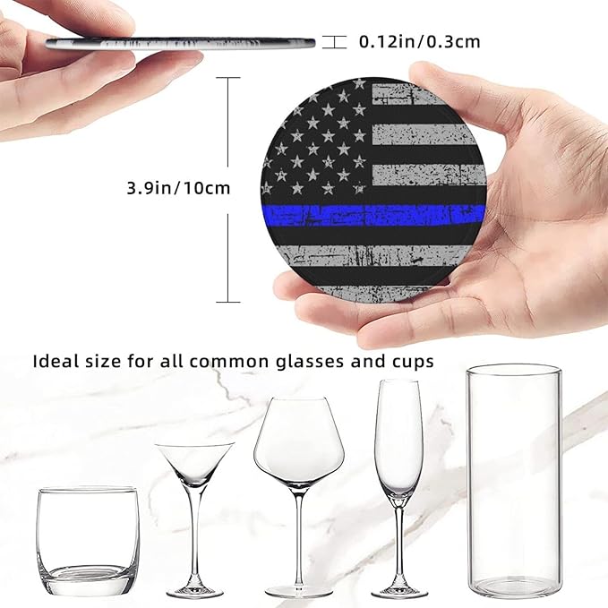 Thin Blue Line Leather Drinks Coasters with Holder, Set of 6, Suitable for Various Cups