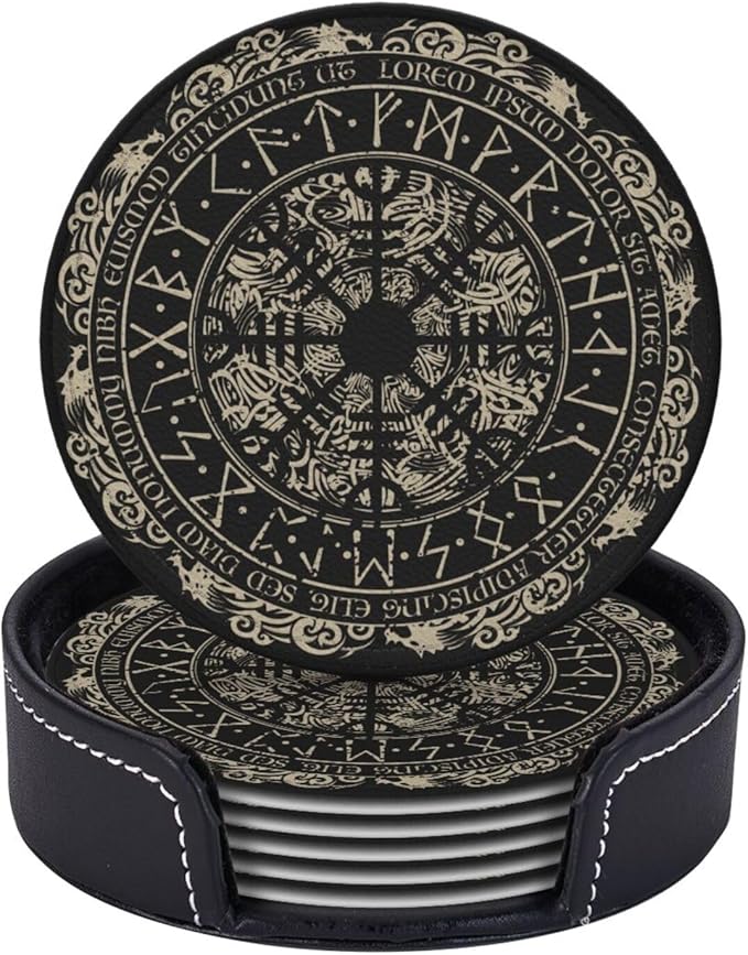 Black Viking Magical Leather Drinks Coasters with Holder, Set of 6, Suitable for Various Cups
