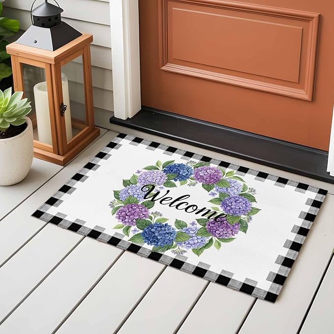 Area Rug 2x3ft, Summer Hydrangea Leaf Washable Rugs for Living Room Bedroom, Purple Blue Flower Buffalo Check Soft Non-Slip Area Rugs Rectangle Floor Carpet for Dining Room