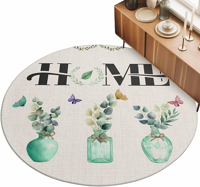 Washable Round Area Rug Rustic Home Text Eucalyptus Leaf Circle Rugs Floor Carpet for Living Room Bedroom, Farmhouse Butterfly Retro Linen Soft Non Slip Round Rug 5ft