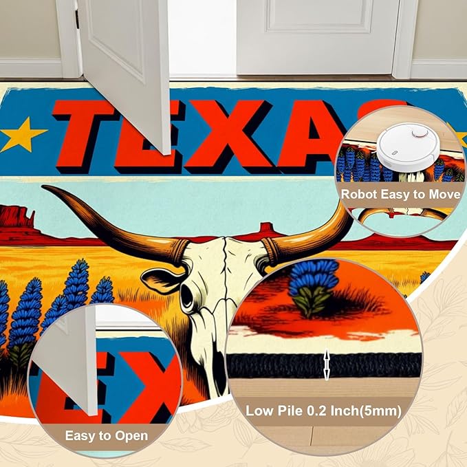 8x10 Area Rugs for Bedroom Boho Washable Man Cave Rug for Living Room Texas Desert Landscape Longhorn Skull Bluebonnets Bold Retro Soft Rubber Backed Non-Slip Large Carpets for Boys