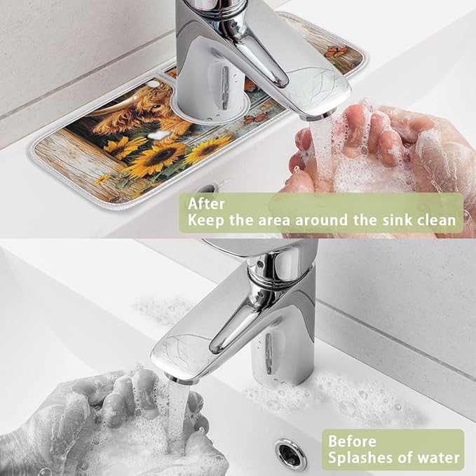 Rustic Highland Cow Kitchen Faucet Mat Super Absorbent Dish Drying Mat Splash Guard Behind Faucet Drip Catcher for Kitchen Bathroom Sink Cafe Bar Faucet Decor