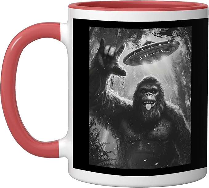 Funny Sasquatch Bigfoot Rock On Selfie with UFO Alien Saucer Ceramic Mug, Red/White