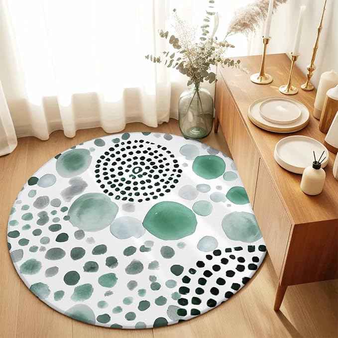Washable Round Area Rug Abstract Teal Circles Circle Rugs Floor Carpet for Living Room Bedroom, Sage Green Geometric Round Soft Non Slip Round Rug 5ft