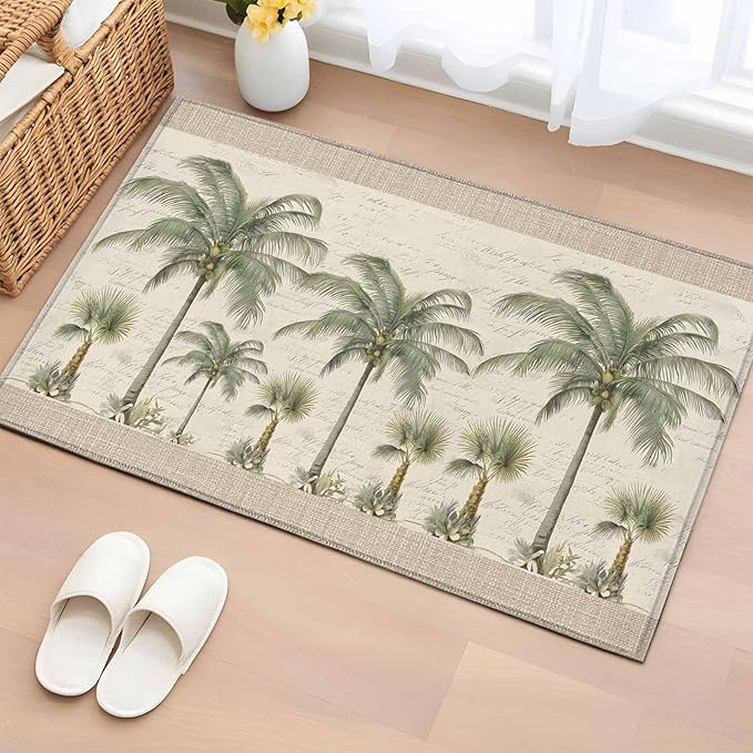 Area Rug 2x3ft, Coastal Tropical Olive Green Palm Trees Washable Rugs for Living Room Bedroom, Classic Retro Linen Soft Non-Slip Area Rugs Rectangle Floor Carpet for Dining Room