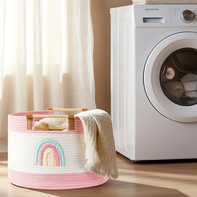 Large Blanket Basket Living Room 35L Baby Laundry Basket Toy Bin for Babies Toddlers Storage Baskets for Organizing Toys, Woven Cotton Rope Laundry Hamper for Nursery Storage Girls Gift Baskets Empty
