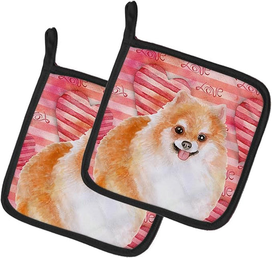 Caroline's Treasures BB9803PTHD Pomeranian #2 Love Pair of Pot Holders, Red Kitchen Heat Resistant Pot Holders Sets Oven Hot Pads for Cooking Baking BBQ, 7 1/2 x 7 1/2