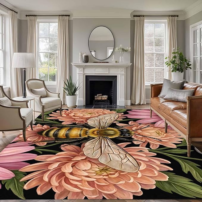Area Rug 8x10ft, Vintage Honey Gold Bee Pink Flowers Washable Rugs for Living Room Bedroom, Sage Green Leaves Soft Non-Slip Area Rugs Rectangle Floor Carpet for Dining Room