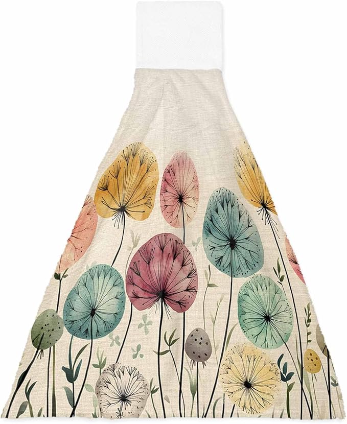 Alandar Home Kitchen Tie Towel Set of 1, Farm Dandelion Plant on Rustic Absorbent Soft Hand Towels for Bathroom Hanging Towels, Watercolor Botanical Fast Drying Cleaning Cloth with Loop