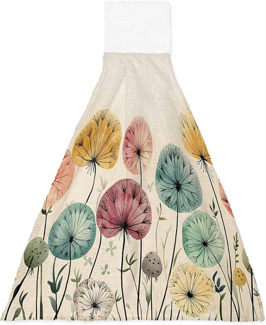 Alandar Home Kitchen Tie Towel Set of 1, Farm Dandelion Plant on Rustic Absorbent Soft Hand Towels for Bathroom Hanging Towels, Watercolor Botanical Fast Drying Cleaning Cloth with Loop
