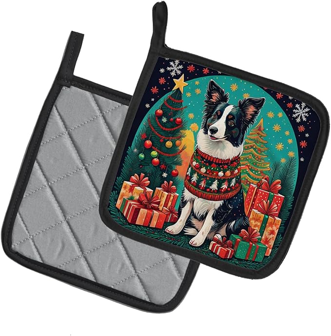 Caroline's Treasures Border Collie Christmas Pair of Pot Holders Kitchen Heat Resistant Pot Holders Sets Oven Hot Pads for Cooking Baking BBQ, 7 1/2 x 7 1/2