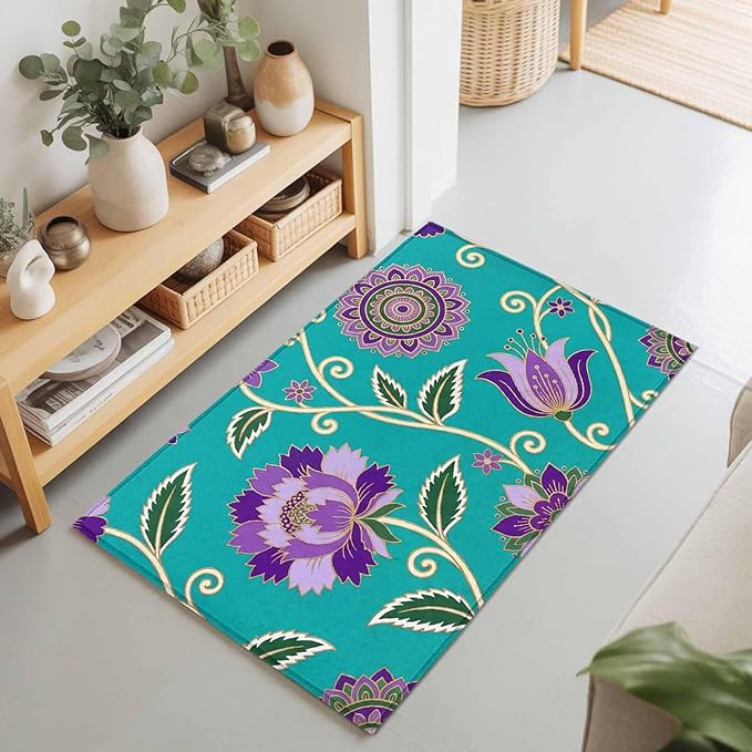 Area Rug 2x3ft, Bohemian Purple Flowers Washable Rugs for Living Room Bedroom, Paisley Floral Art Soft Non-Slip Area Rugs Rectangle Floor Carpet for Dining Room