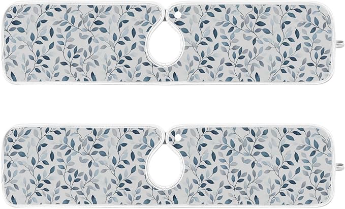 Kitchen Faucet Absorbent Mat,Green Gray Leaf Water Splash Guard for Sink, Faucet Drip Catcher Thicken Sponge Microfiber Faucet Water Catcher Mat Sink Absorbent Mat for Kitchen 14x5in 2 Pack