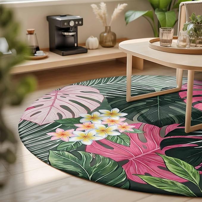 Washable Round Area Rug Summer Watercolor Pink Green Leaf Circle Rugs Floor Carpet for Living Room Bedroom, Tropical Flower Leaves Plant Soft Non Slip Round Rug 3ft