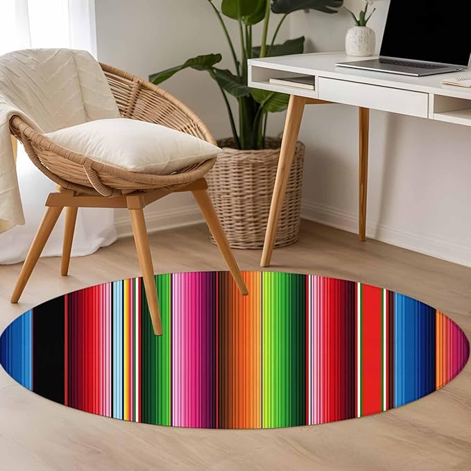 Washable Round Area Rug Mexico Art Colorful Stripes Circle Rugs Floor Carpet for Living Room Bedroom, Color Gradient Lines Soft Non Slip Round Rug 4ft