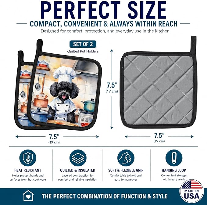 Caroline's Treasures Black Poodle The Chef Pair of Pot Holders Kitchen Heat Resistant Pot Holders Sets Oven Hot Pads for Cooking Baking BBQ, 7 1/2 x 7 1/2