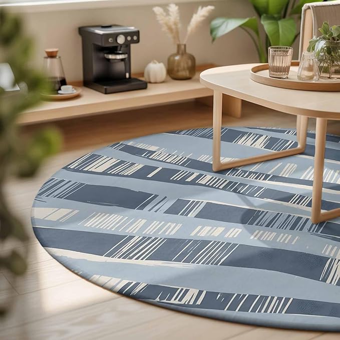 Washable Round Area Rug Navy Blue Ocean Waves Coastal Horizon Circle Rugs Floor Carpet for Living Room Bedroom, Abstract Art Soft Non Slip Round Rug 3ft