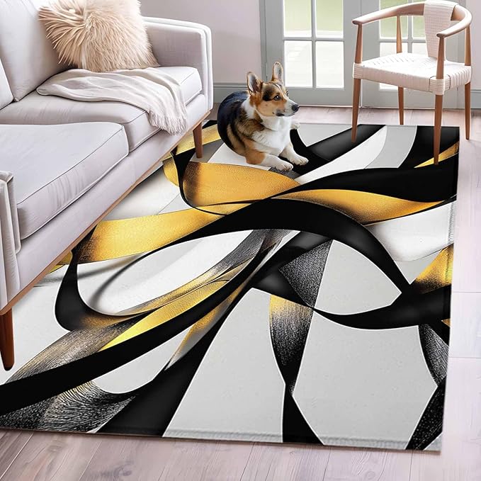 Area Rug 3x5ft, Modern Geometric Stripe Texture Washable Rugs for Living Room Bedroom, Abstract Gold Black White Line Soft Non-Slip Area Rugs Rectangle Floor Carpet for Dining Room