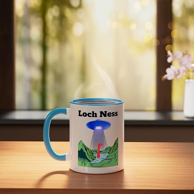 Funny UFO Loch Ness flying saucer Monster Nessie Scotland Ceramic Mug, Blue/White