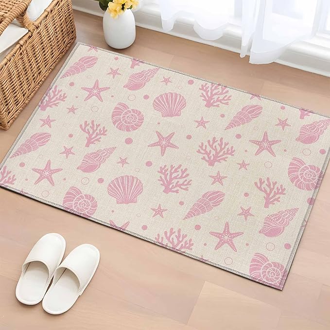 Area Rug 2x3ft, Ocean Pink Shell Coral Conch Washable Rugs for Living Room Bedroom, Marine Starfish on Farm Burlap Soft Non-Slip Area Rugs Rectangle Floor Carpet for Dining Room