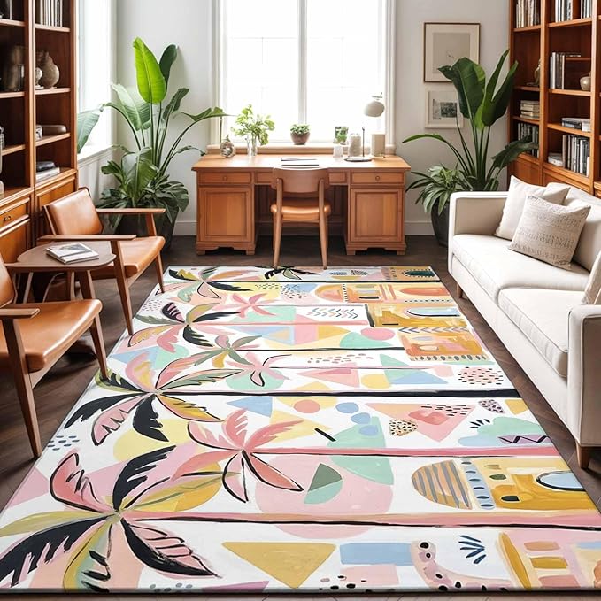 Area Rug 3x5ft, Boho Summer Artistic Palm Trees Washable Rugs for Living Room Bedroom, Abstract Buildings Soft Non-Slip Area Rugs Rectangle Floor Carpet for Dining Room