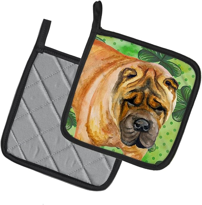 Caroline's Treasures BB9835PTHD Shar Pei St Patrick's Pair of Pot Holders, Green Kitchen Heat Resistant Pot Holders Sets Oven Hot Pads for Cooking Baking BBQ, 7 1/2 x 7 1/2