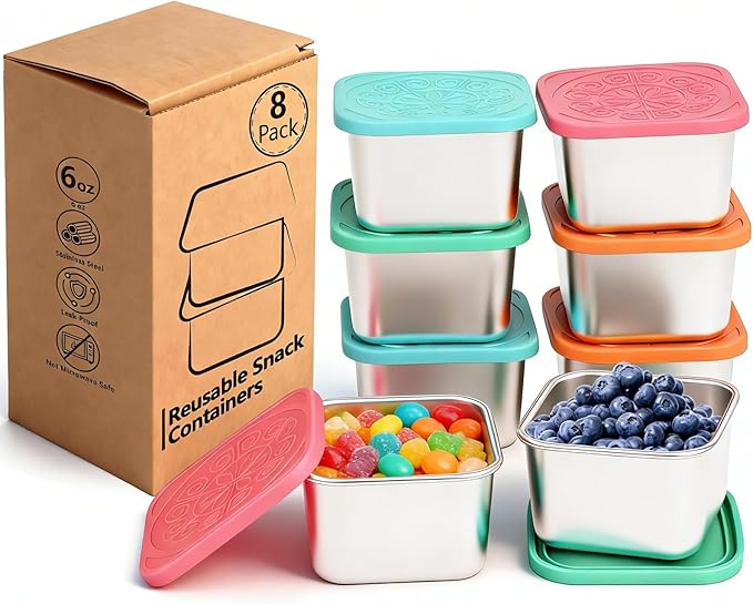 8 Pack Stainless Steel Snack Containers - 6oz Reusable & Small Containers With Lids, 304 Metal Stackable Snack Cups, Lunchable Snack Containers for School, Travel, Picnic