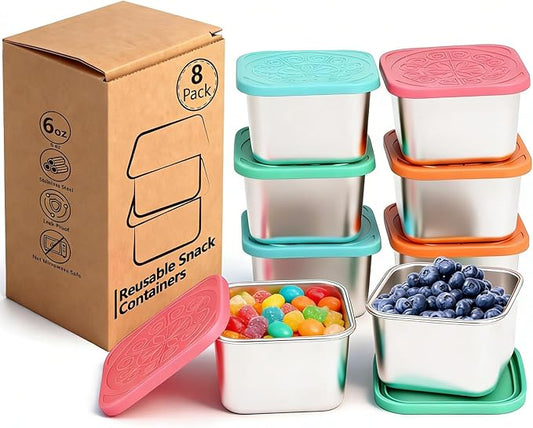 8 Pack Stainless Steel Snack Containers - 6oz Reusable & Small Containers With Lids, 304 Metal Stackable Snack Cups, Lunchable Snack Containers for School, Travel, Picnic