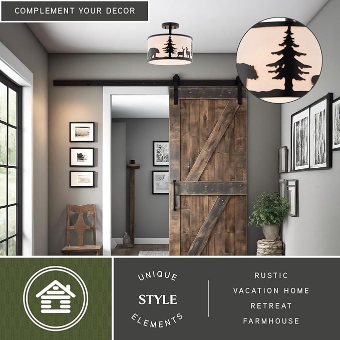 VAXCEL Acadia 13-in W Bronze Rustic Semi Flush Mount Ceiling Light White Linen Deer Tree