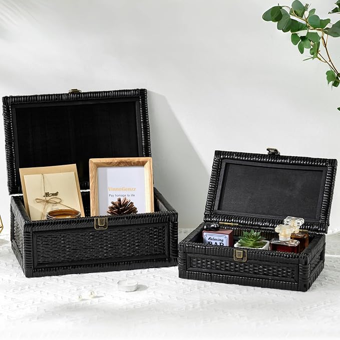 Rattan Box with Lid Decorative Natural Handmade Boho Rattan Baskets Woven Wicker Cane Bins Keepsake Memory Jewelry Boxes Rectangular Desk Shelf Closet Organizer Container (Black, Large)