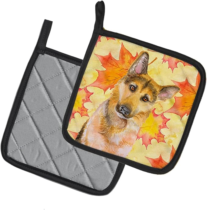 Caroline's Treasures BB9972PTHD German Shepherd #2 Fall Pair of Pot Holders, Yellow Kitchen Heat Resistant Pot Holders Sets Oven Hot Pads for Cooking Baking BBQ, 7 1/2 x 7 1/2