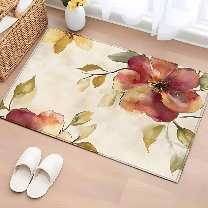 Area Rug 2x3ft, Oil Painting Style Flowers Washable Rugs for Living Room Bedroom, Vintage Country Floral Soft Non-Slip Area Rugs Rectangle Floor Carpet for Dining Room