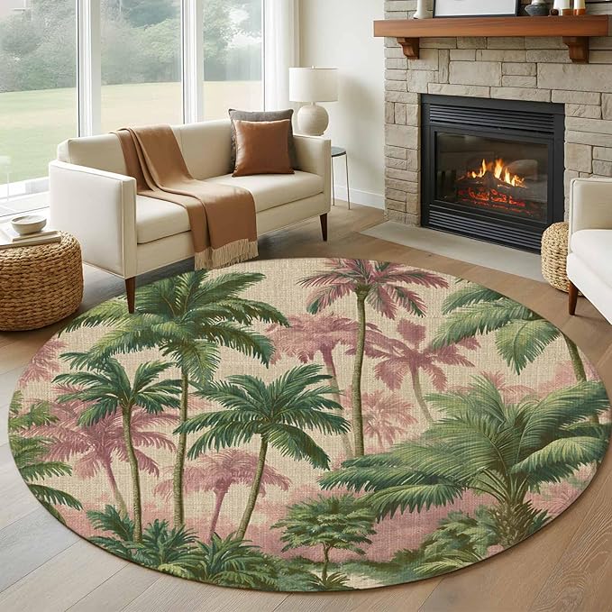 Washable Round Area Rug Exotic Forest Green Pink Palms Tree Circle Rugs Floor Carpet for Living Room Bedroom, Vintage Botantical Soft Non Slip Round Rug 5ft