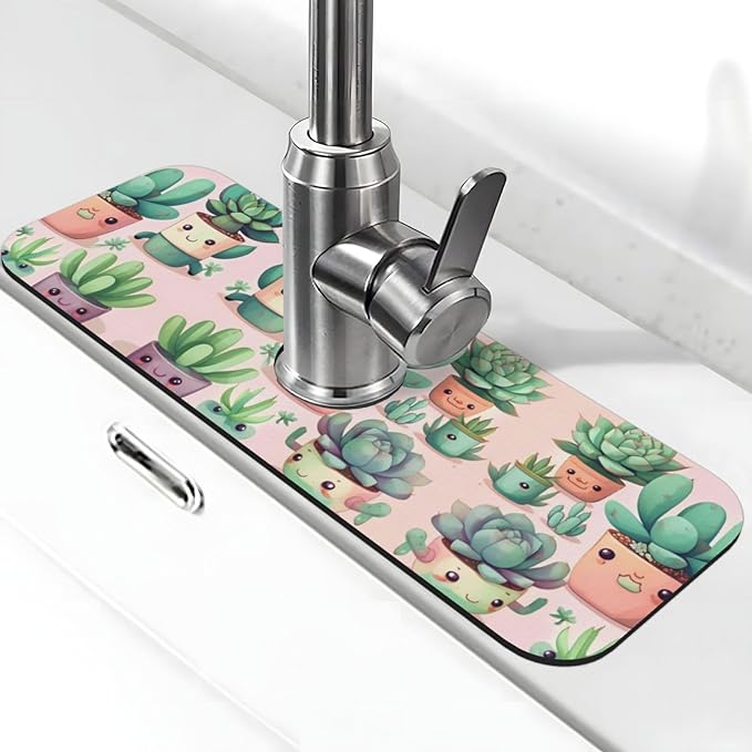 Lovely Succulent Plants Printed Faucet Absorbent mat, Suitable for bathrooms, Kitchens, and Other Sink Areas.