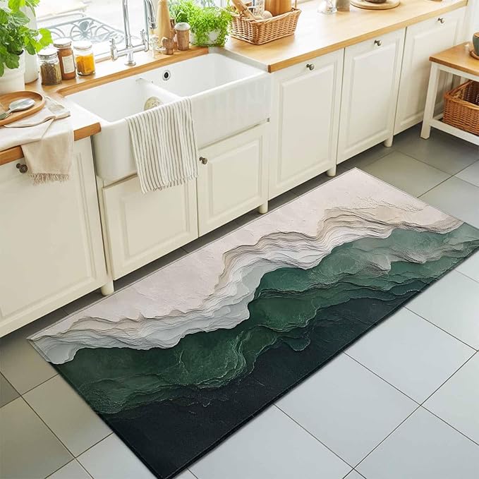 Runner Rug for Bedroom Hallway, Rustic Green Gray White Mountain Range Kitchen Runner Rugs Area Rug 2x6ft, Abstract Art Washable Soft Floor Carpet for Entryway Stair